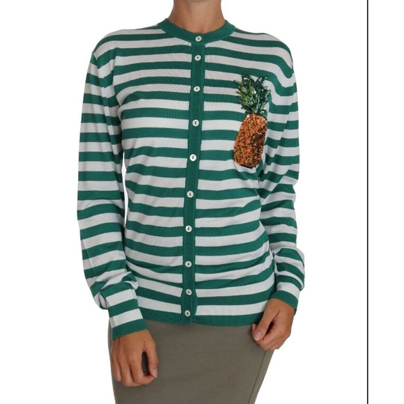 Dolce and Gabbana Striped Cardigan w/ Pineapple Sequin Embroidered Green/White L - Picture 1 of 6